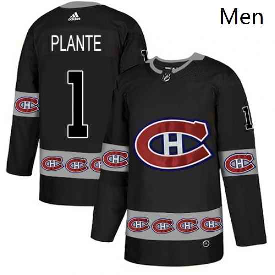 Mens Adidas Montreal Canadiens 1 Jacques Plante Authentic Black Team Logo Fashion NHL Jersey